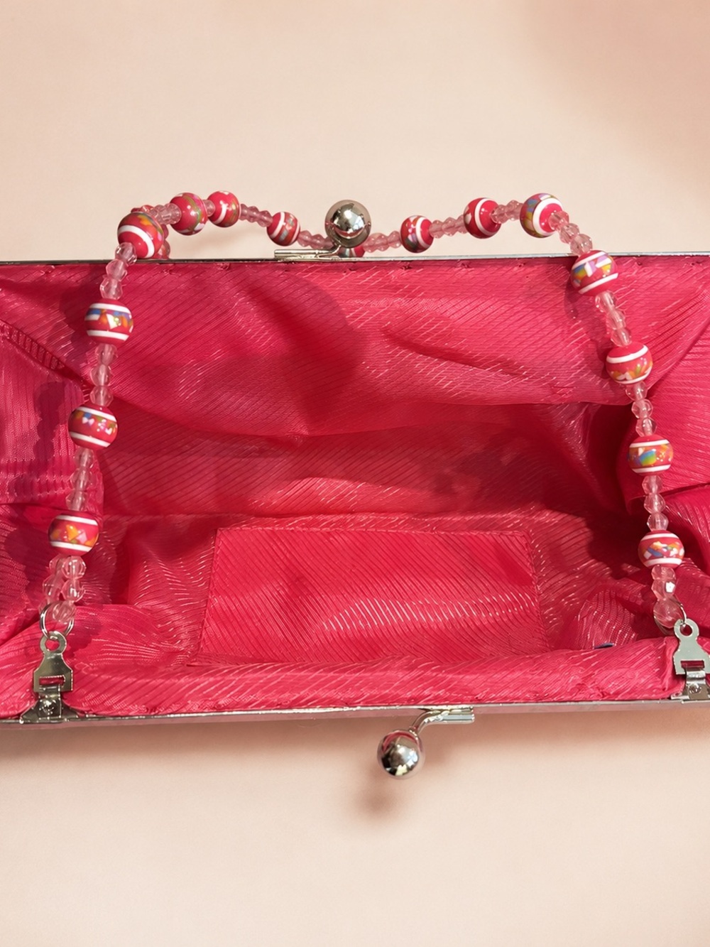 Embroidered Pink Beaded-Handle Evening Clutch - Picture 2 of 2